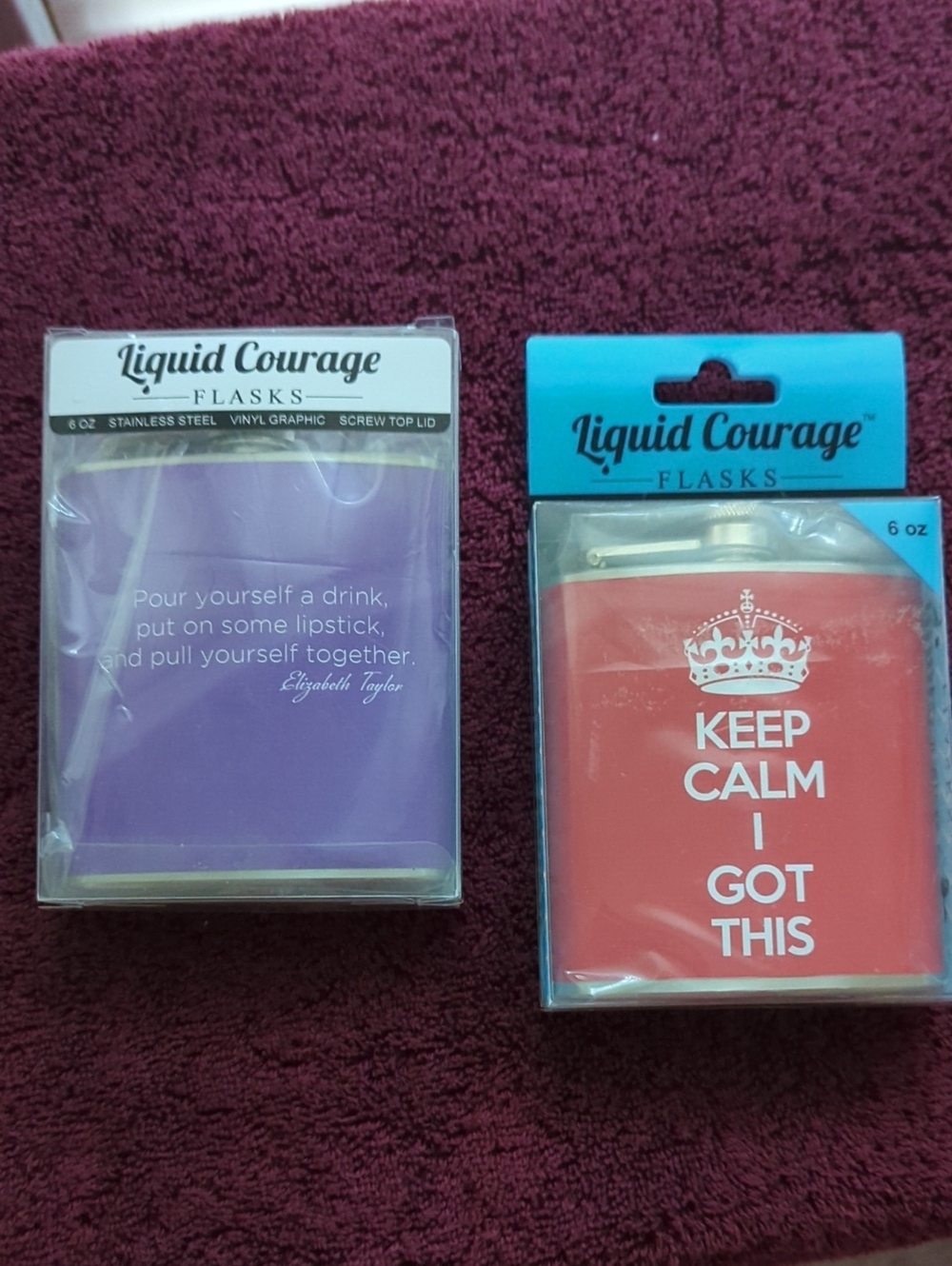 Liquid Courage Flasks - Purple Quote & Red "Keep Calm I Got This" New In Package
